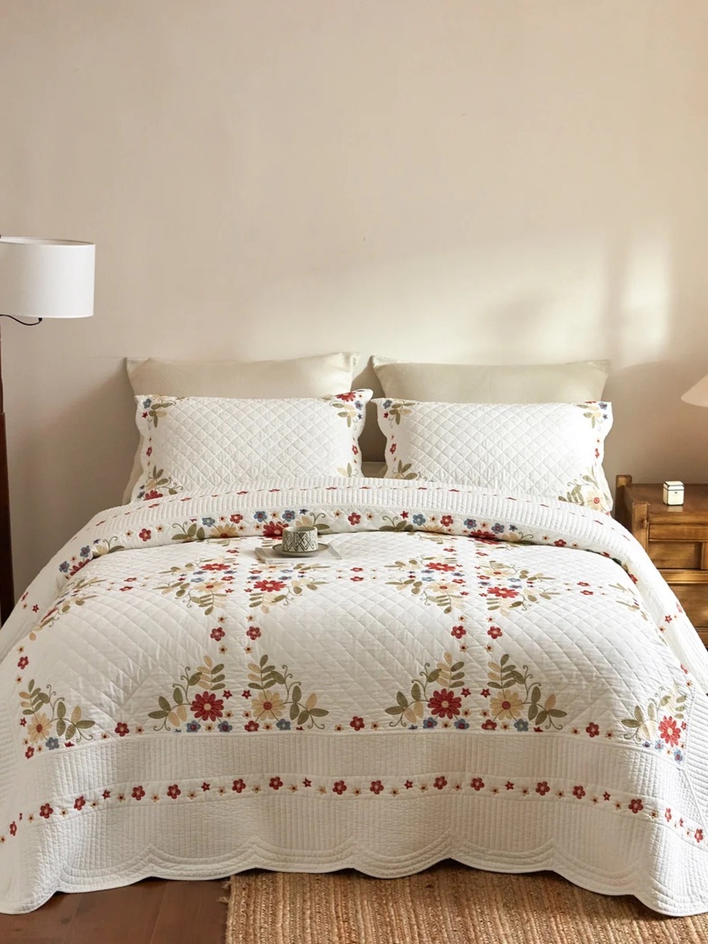3 piece 100% cotton embroidered cottage floral quilt set farmhouse bedspread